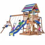 Complex Loc de Joaca Beach Front - Northbrook Wooden Swing din lemn de cedru - Centru din lemn cu tobogan si 2 nivele si Monkey Bars Backyard Discovery 